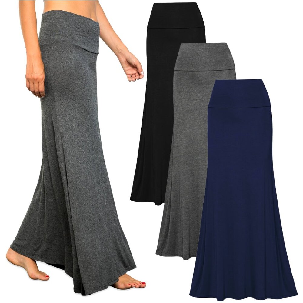 3 Pack Maxi Skirts Stretchy Flowy High Waisted Fold Over Work Casual
